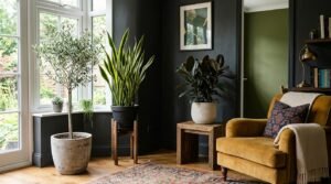 Plants in dark mid century bedroom