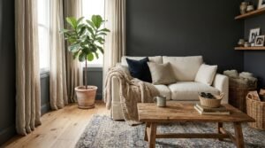 Natural texture linen wool in dark bedroom