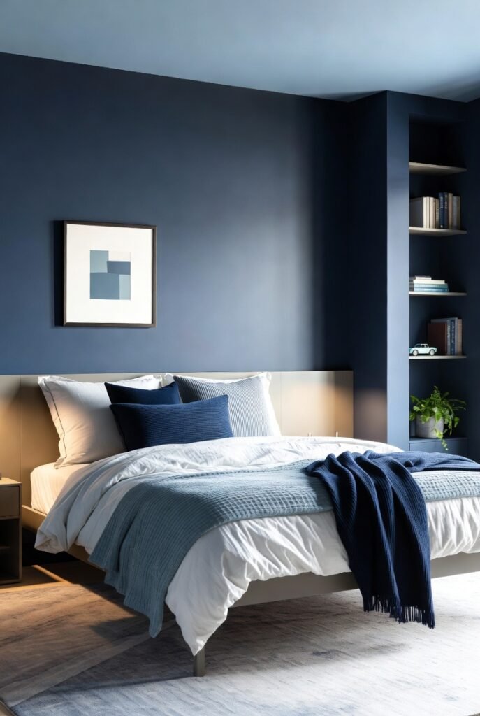 Blue boys bedroom with minimal wall art, sleek bed frame, and warm ambient lighting.