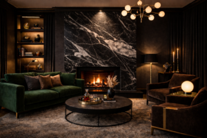 Brass and gold accents in moody marble living room