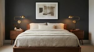 Walnut furniture in a charcoal dark bedroom