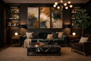 Clean visual lines in moody marble living room polished design