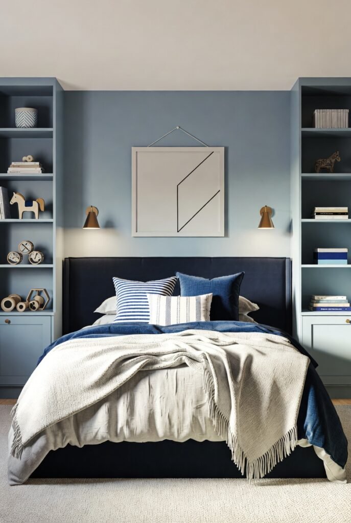 Cozy navy and sky blue boys bedroom with built-in shelving and layered bedding.
