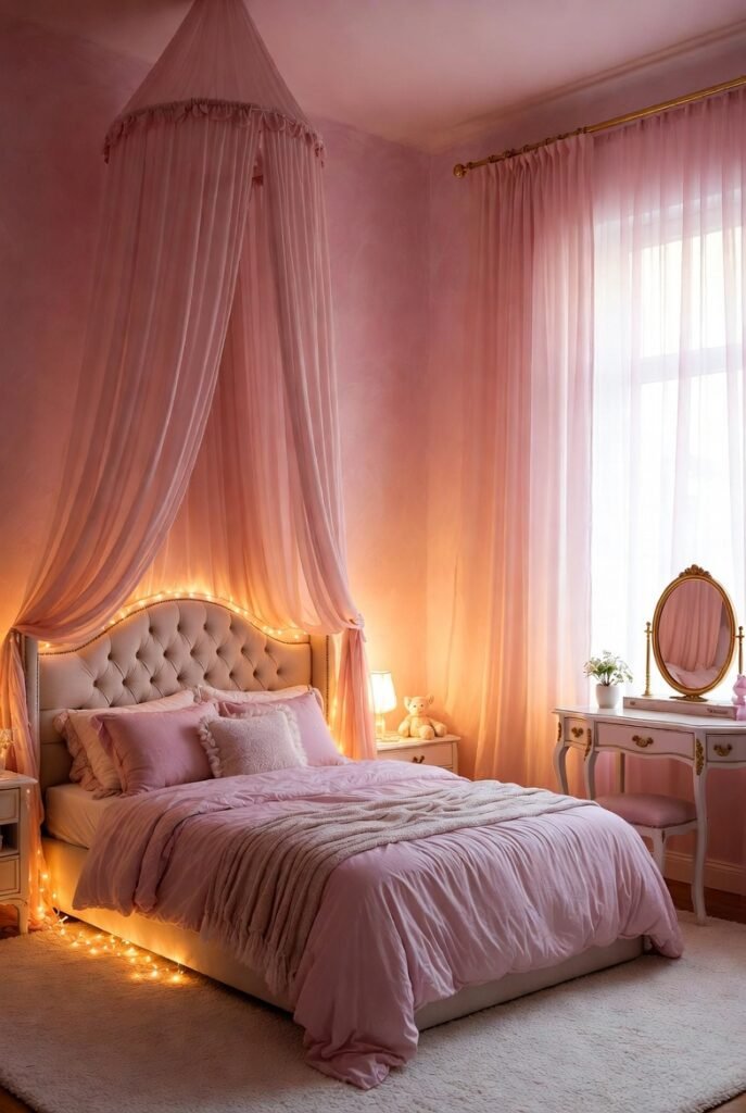 Elegant blush kids room with tufted bed, soft pastel bedding, and glowing fairy lights.
