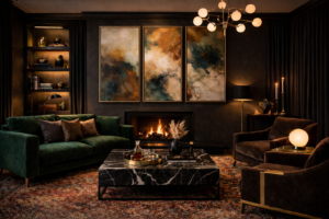 Large moody artwork on dark wall in marble living room