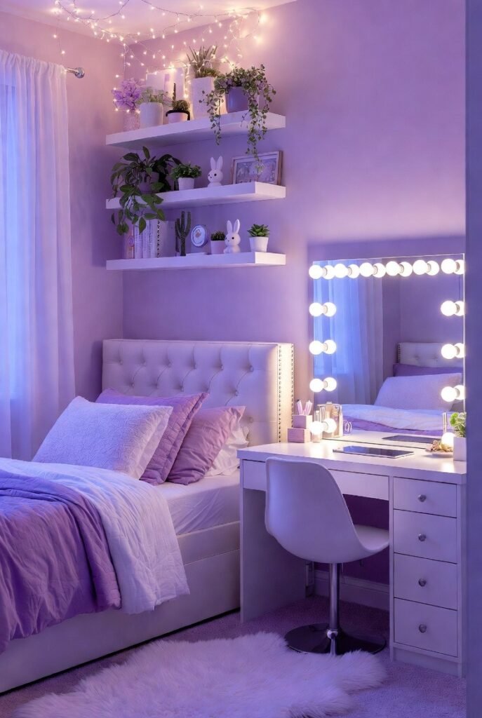 Lavender and white teen bedroom with layered bedding, fairy lights, and styled floating shelves.