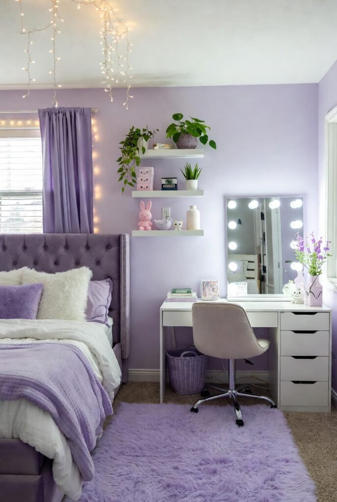 Lavender and white teen bedroom with tufted bed, layered bedding, floating shelves, and fairy lights.