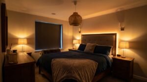 Layered warm lighting in dark bedroom