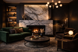 Layered warm lighting in moody marble living room