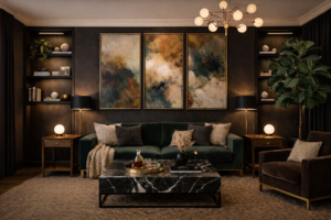 Light warm white ceiling in moody marble living room