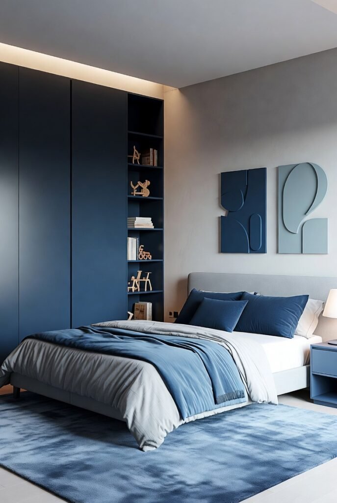 Modern boys bedroom in navy and sky blue with sleek bed, built-in shelves, and cozy layered bedding.