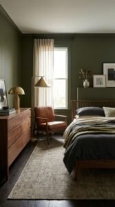Deep olive green dark bedroom