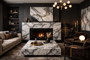 Moody marble living room with dark charcoal walls and marble accents