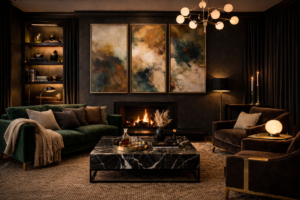 Natural texture linen velvet wool in moody marble living room