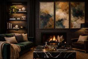 Open shelves with marble accents styled in moody living room