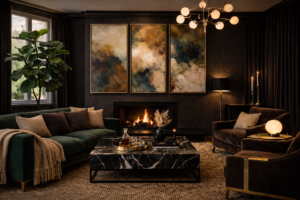 Plants and greenery in moody marble living room dark interior