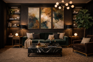 Symmetrical layout in moody marble living room luxury feel