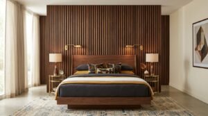 Wood accent wall behind bed