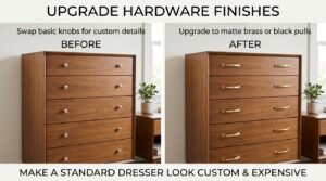 Brass hardware finishes on dresser