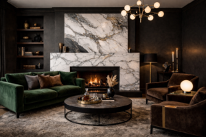 Velvet sofa in moody marble living room dark interior