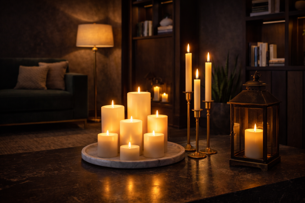 A curated cluster of pillar candles on a marble tray — one of the most timeless luxury styling moves