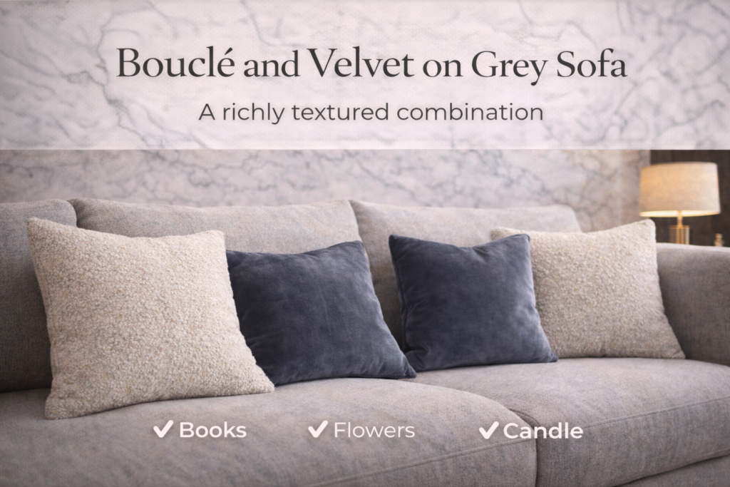 Boucle and velvet texture combination on grey sofa with marble background