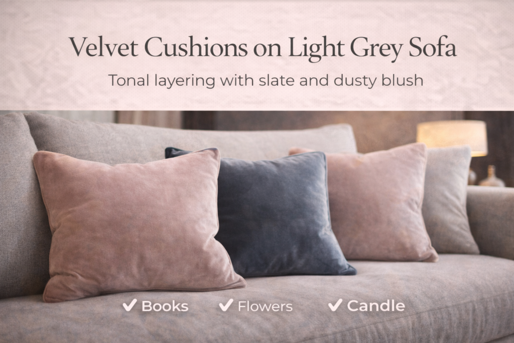 Velvet cushions on light grey sofa — tonal layering with slate and dusty blush