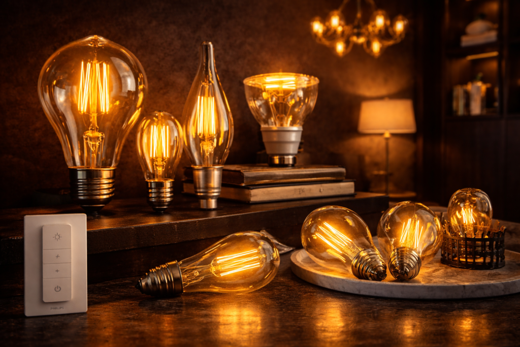 Warm glow lighting ideas begin here Edison filament bulbs at 2200K — the single fastest upgrade for an expensive-feeling home.