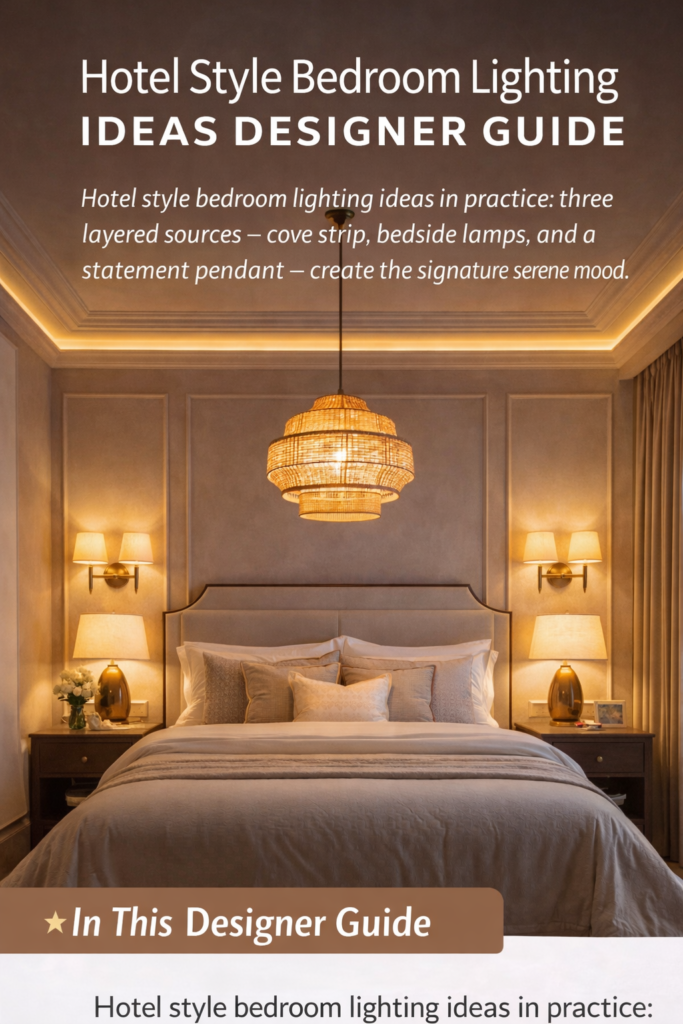 hotel style bedroom lighting ideas designer guide — layered warm lamps, cove LED strips and bedside sconces in a luxury bedroom
