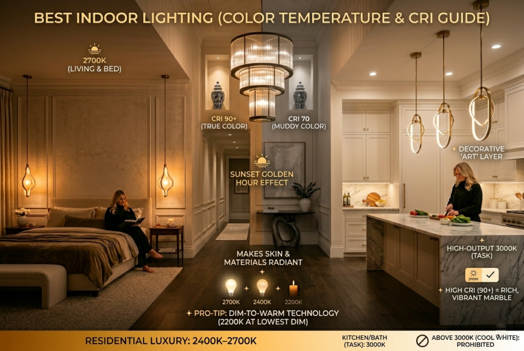 Warm glowing lamps in a luxury bedroom showing high CRI lighting performance.